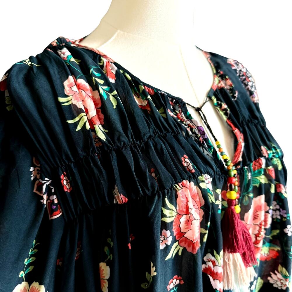 Johnny Was Floral Peasant Blouse Large Boho Tassel Tie Rayon Top Embellished - Picture 5 of 10